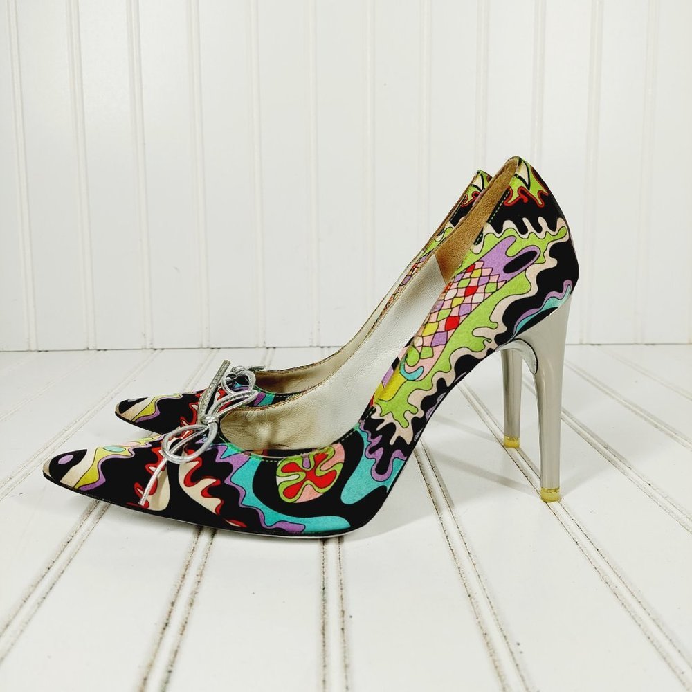 Emilio Pucci Black Blue Green Multicolor Pointed Toe Front Bow High Heels I58